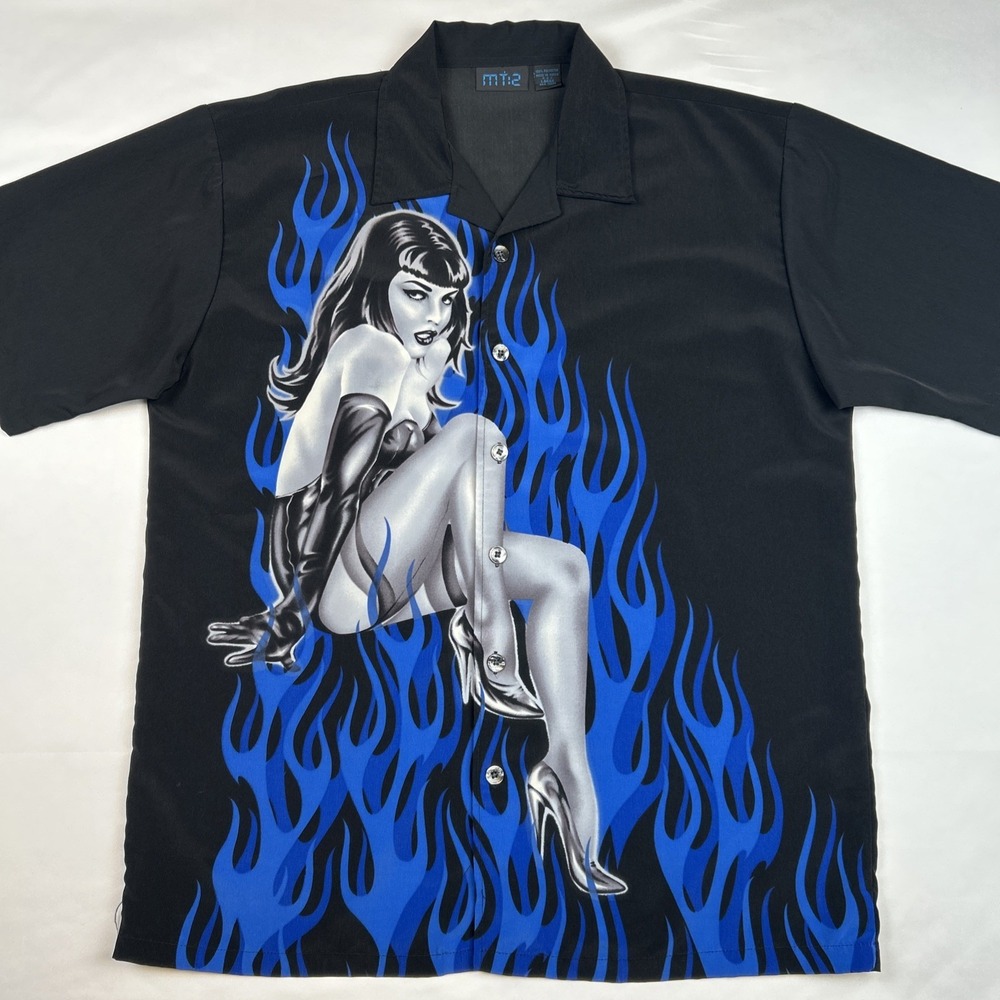 VTG MT:2 Flames Button Up Shirt Men's L Black Blue Short Sleeve Pinup Burlesque